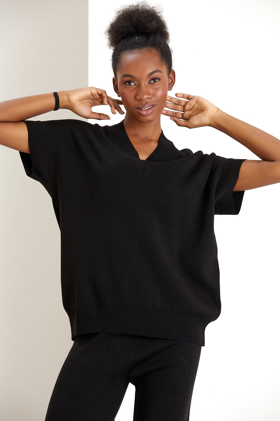 Oversize Knitted Vest Co Ord Set in Black