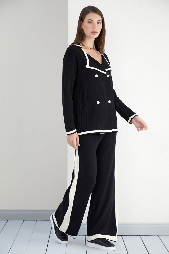 Double Breasted Cardigan and Trousers Co Ord Set in Black