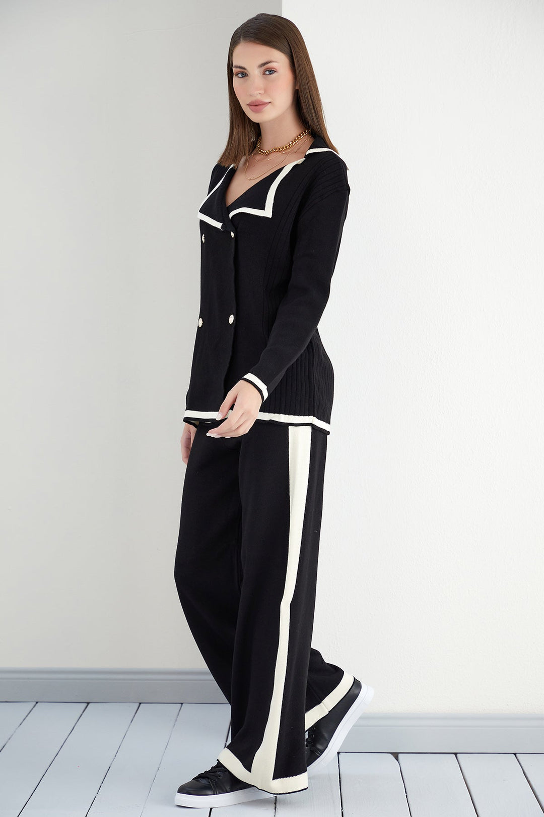 Double Breasted Cardigan and Trousers Co Ord Set in Black