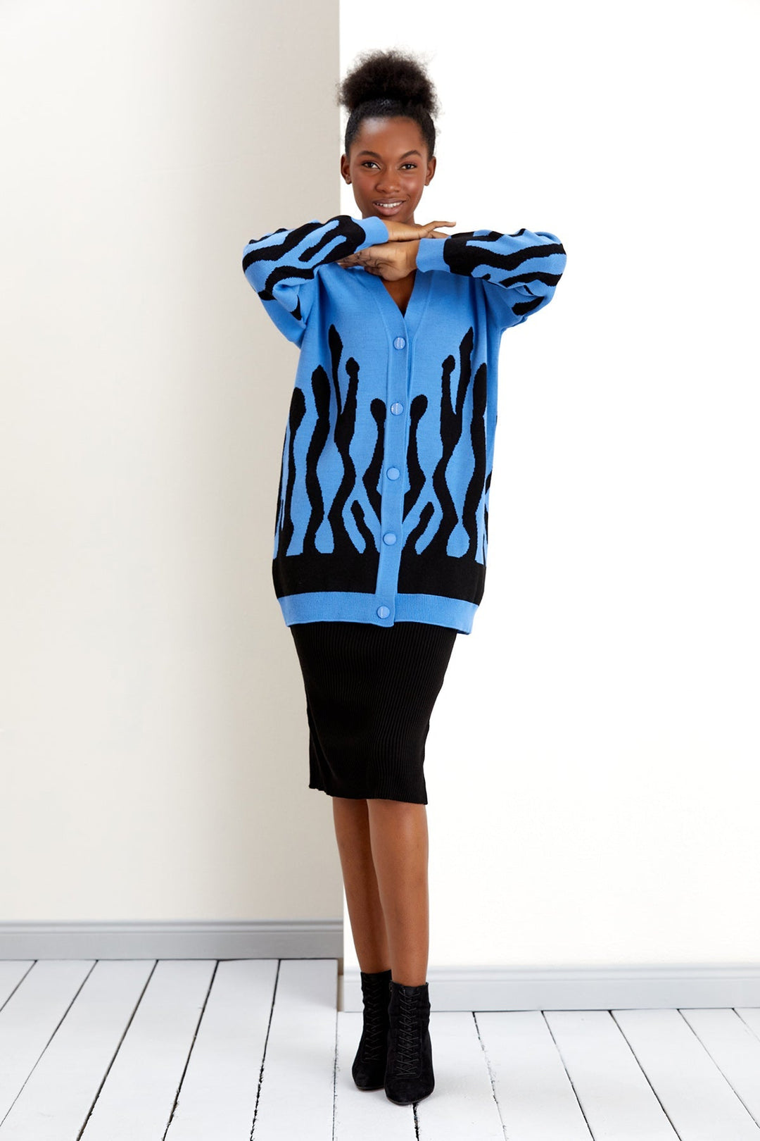 Black Knitted Midi Dress with Blue Printed Cardigan Co Ord Set (PRE-ORDER) - jqwholesale.com