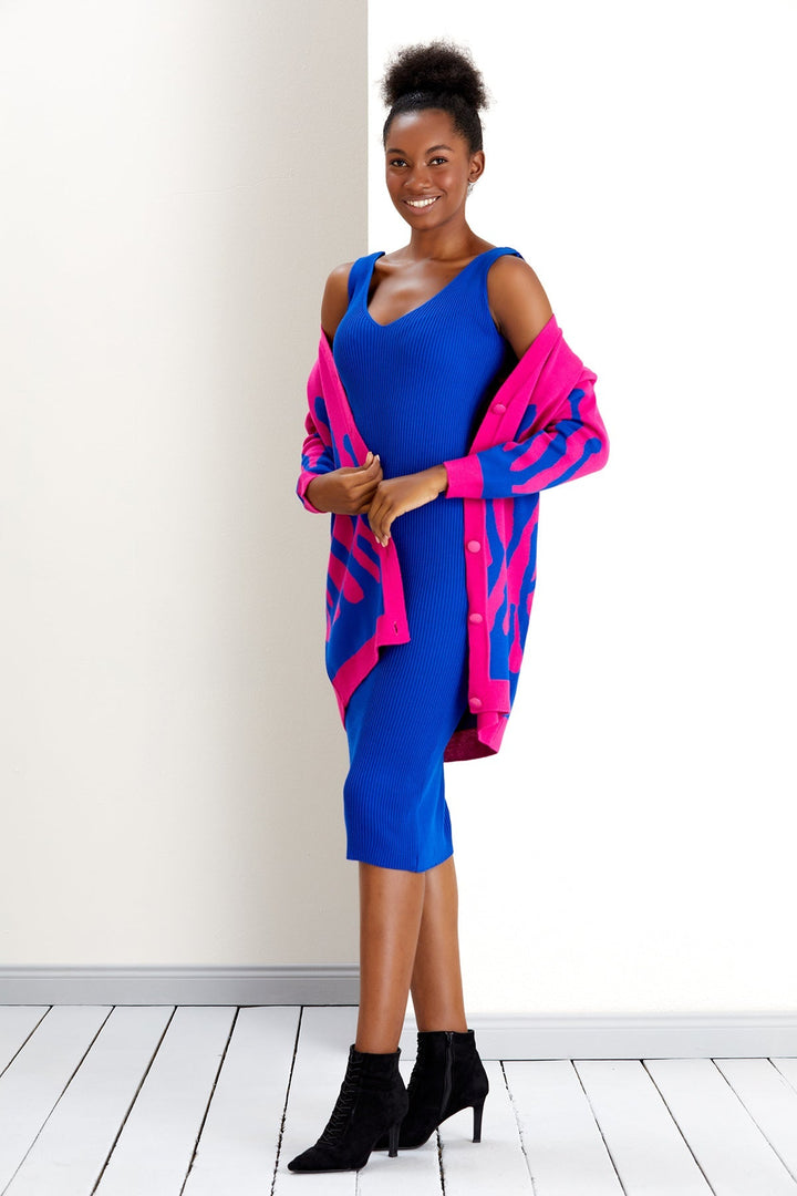 Blue Knitted Midi Dress with Pink Printed Cardigan Co Ord Set (PRE-ORDER) - jqwholesale.com