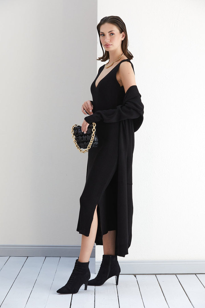 Knitted Bodycon Midi Dress with Oversize Longline Cardigan Co ord Set in Black