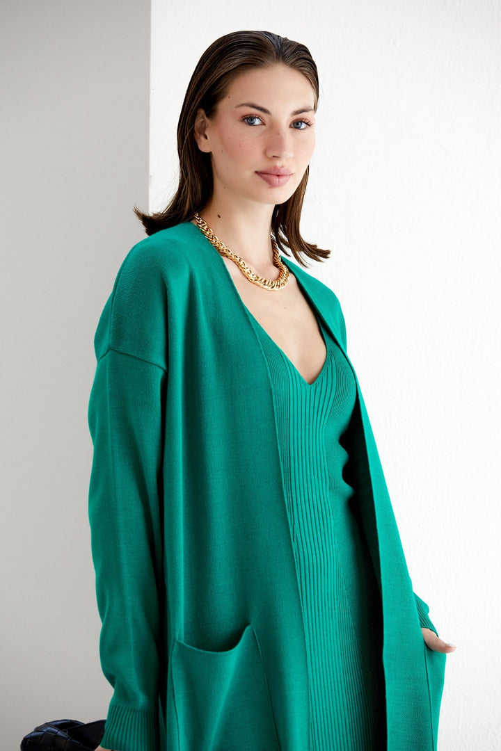 Knitted Bodycon Midi Dress with Oversize Longline Cardigan Co ord Set in Green