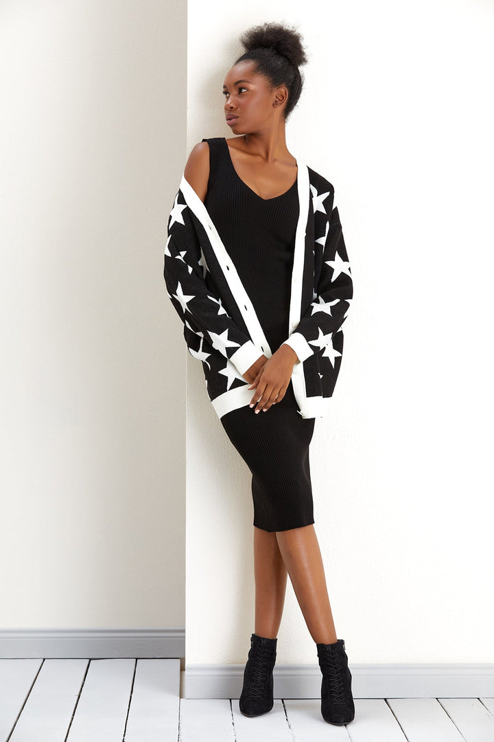 Star Knitted Co Ord set in Black/White: Midi Dress with Cardigan (PRE-ORDER) - jqwholesale.com