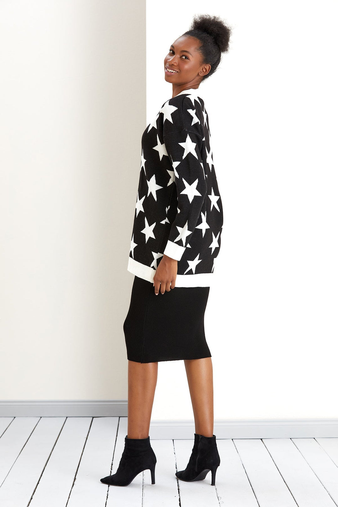 Star Knitted Co Ord set in Black/White: Midi Dress with Cardigan (PRE-ORDER) - jqwholesale.com