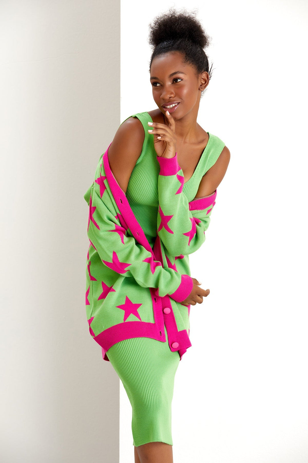 Star Knitted Co Ord set in Green/Pink: Midi Dress with Cardigan (PRE-ORDER) - jqwholesale.com