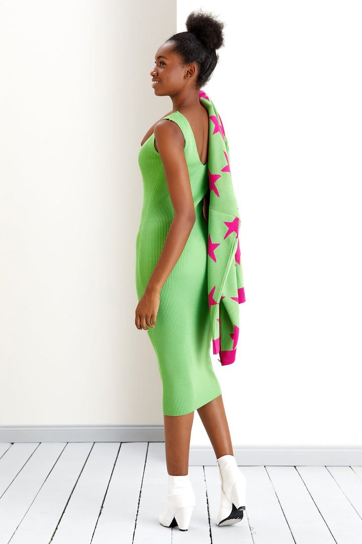 Star Knitted Co Ord set in Green/Pink: Midi Dress with Cardigan (PRE-ORDER) - jqwholesale.com