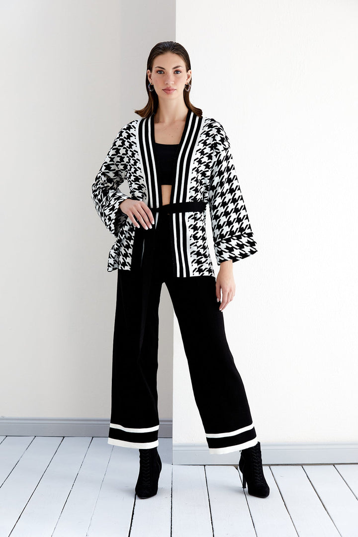 Knitted Wrap Cardigan and Wide Leg Trousers Co Ord set in Black/White