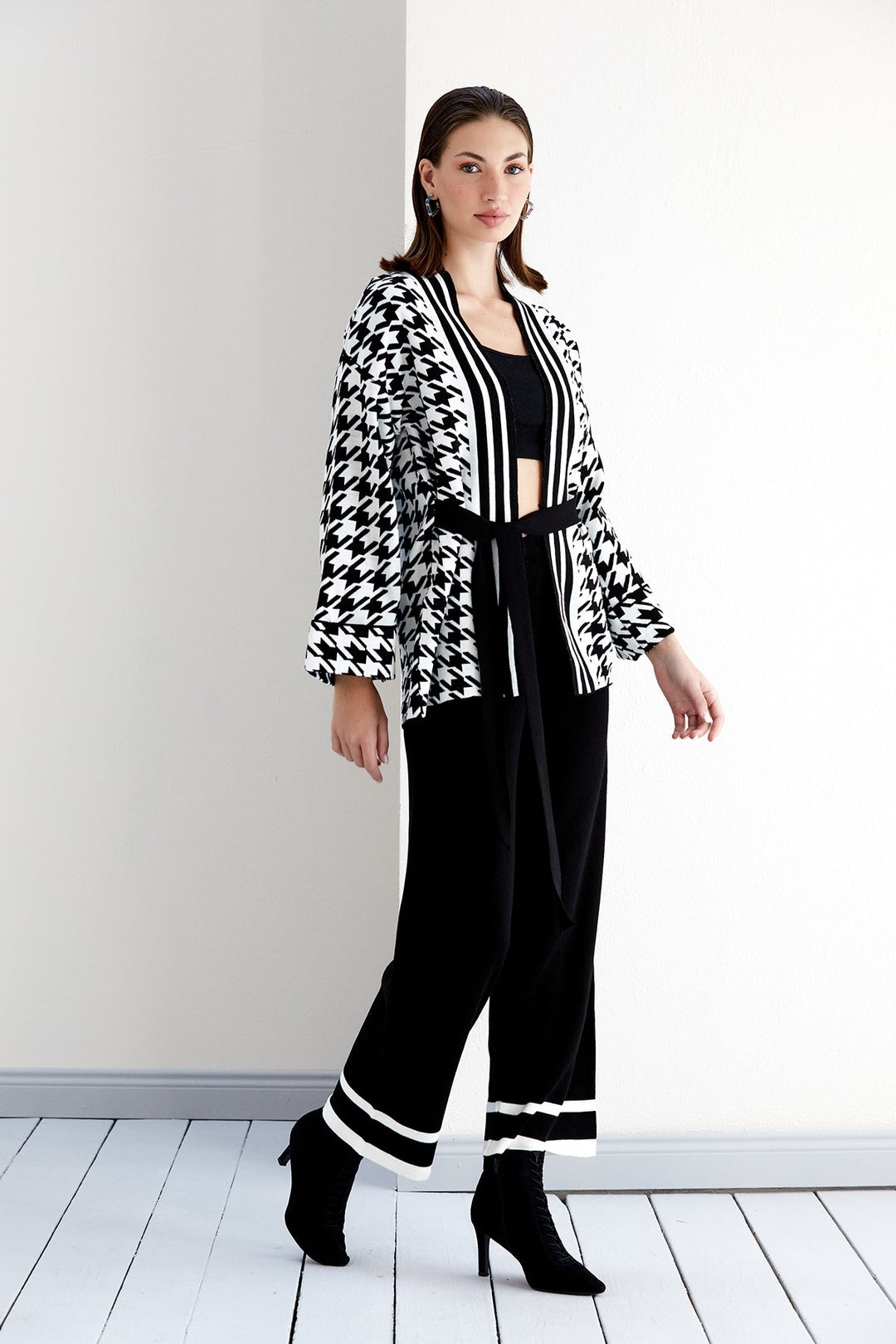 Knitted Wrap Cardigan and Wide Leg Trousers Co Ord set in Black/White