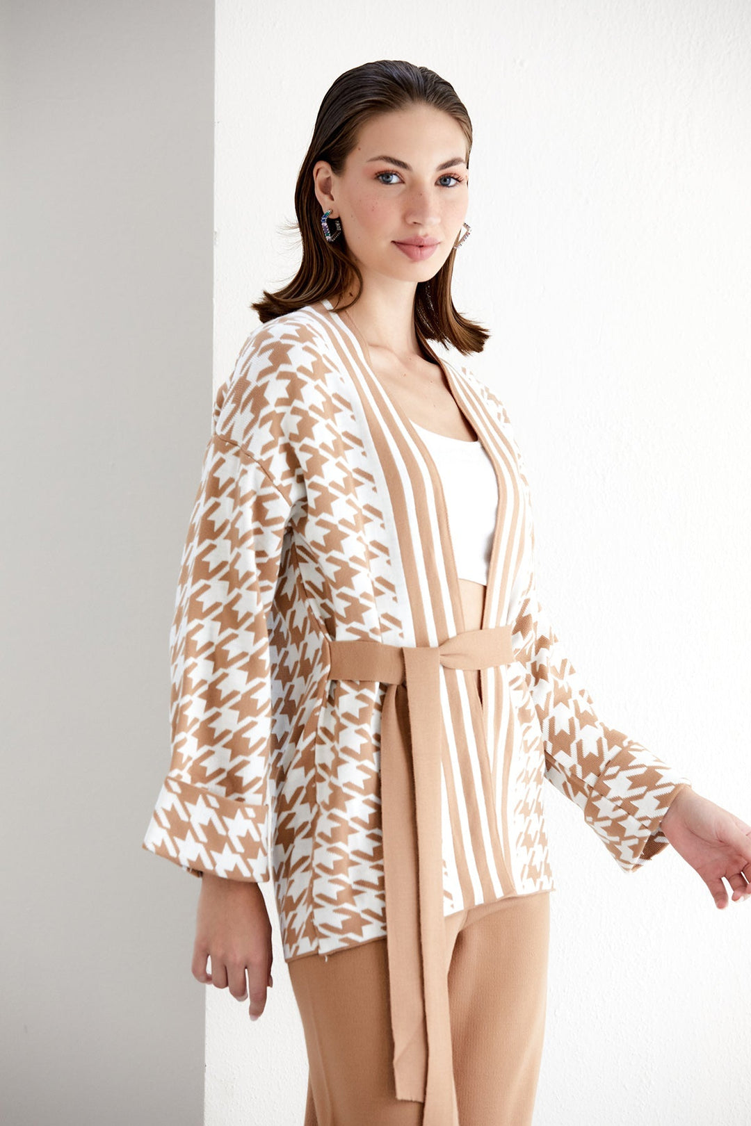 Knitted Wrap Cardigan and Wide Leg Trousers Co Ord set in Camel/White