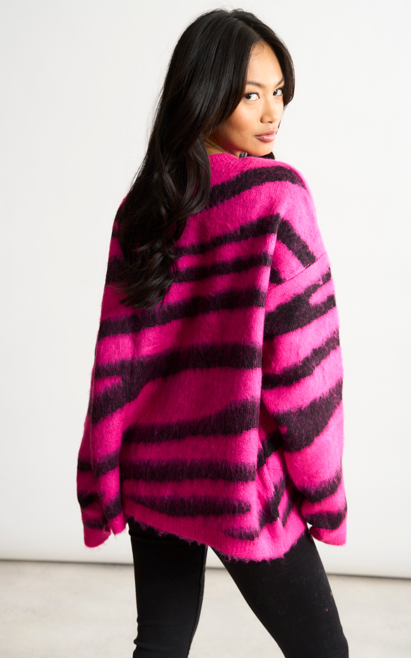 Fluffy Zebra oversize Jumper in Pink/Black - jqwholesale.com