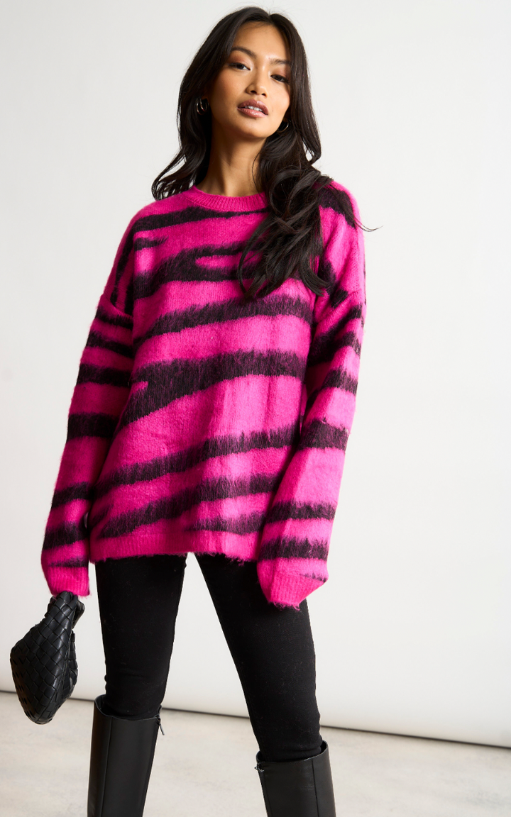 Fluffy Zebra oversize Jumper in Pink/Black - jqwholesale.com