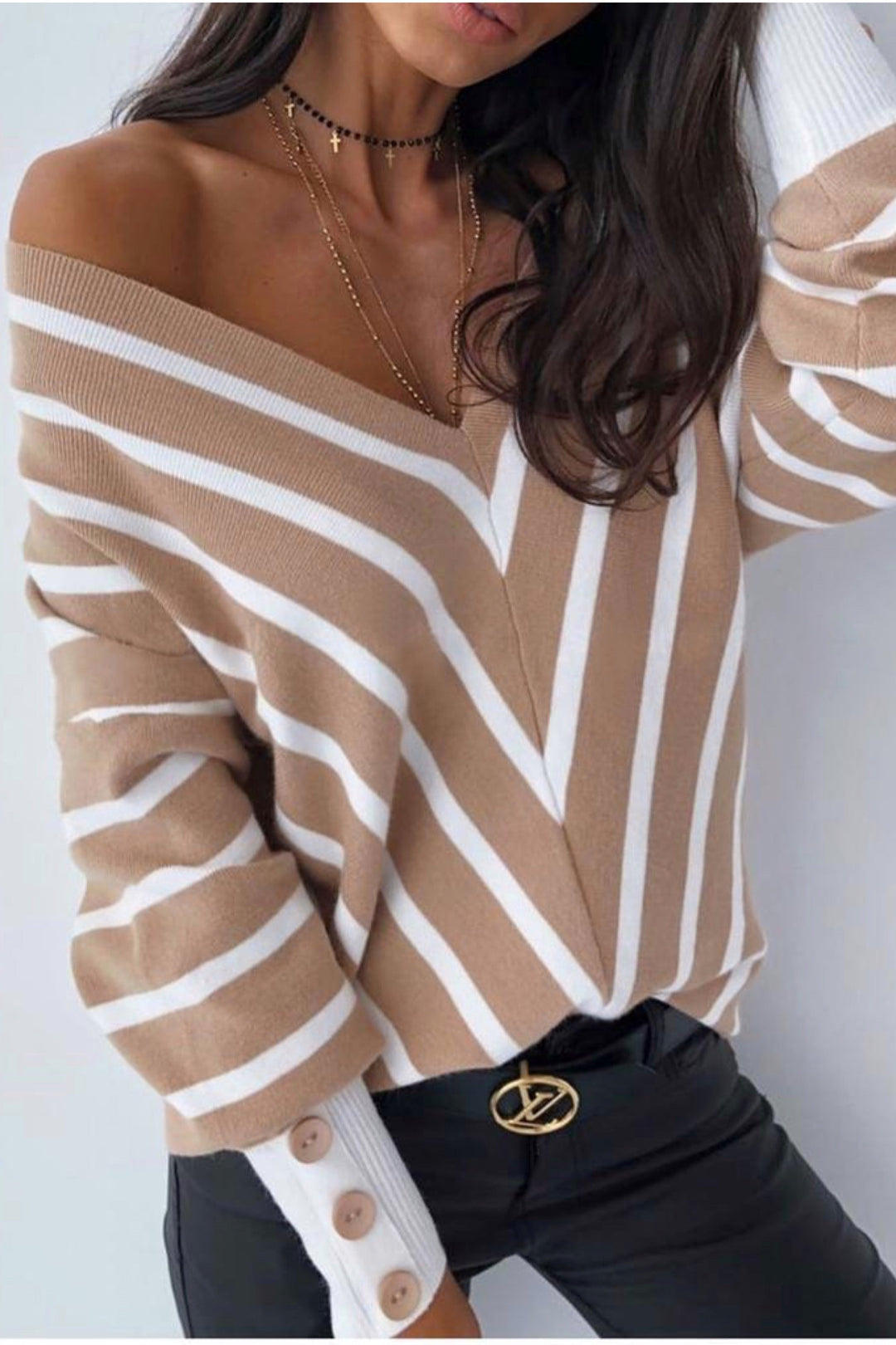 Off Shoulders Striped Knitted Sweater with Buttons - jqwholesale.com