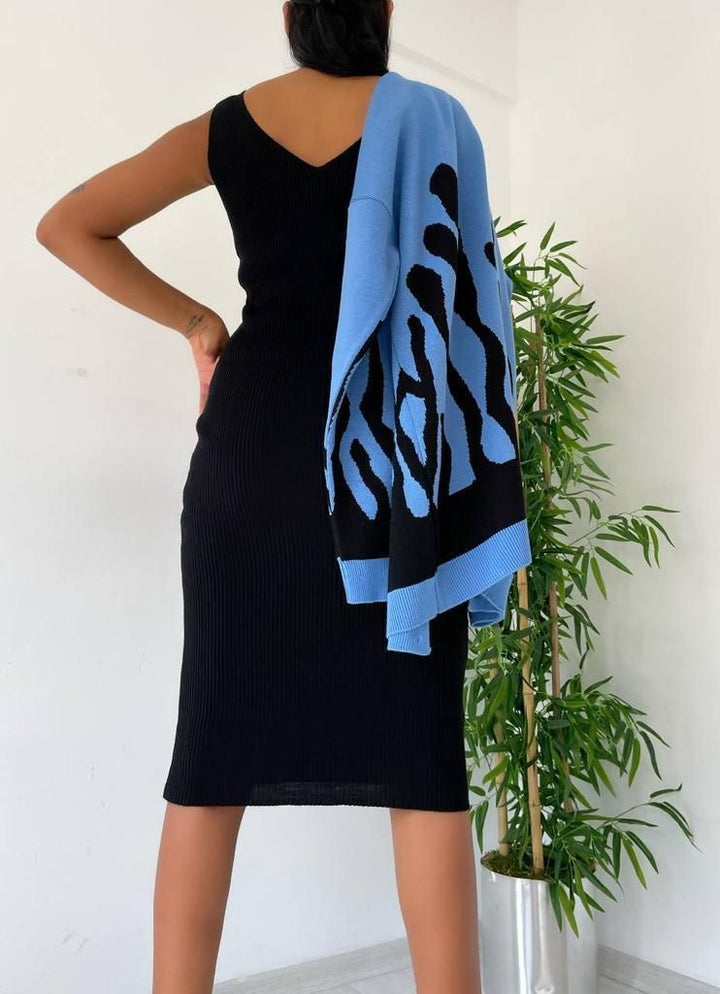 Black Knitted Midi Dress with Blue Printed Cardigan Co Ord Set (PRE-ORDER) - jqwholesale.com